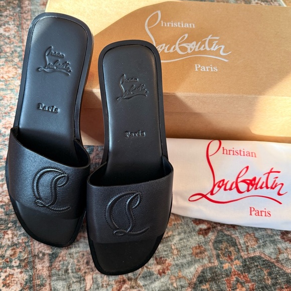 Christian Louboutin Shoes - NEW Christian Louboutin Black Leather Logo Slides Sandals| EU 38 (US 7.5–8)
